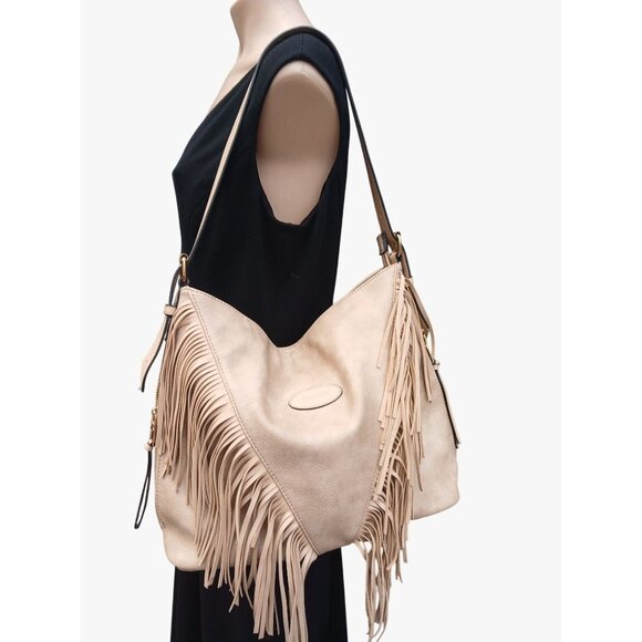 Oukupa Beige Faux Leather Fringe Shoulder Bag Purse Hobo Pocket Vegan Western - Picture 1 of 16